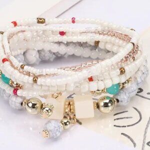 Vibrant Colorful Resin Beaded Bohemian Stackable Bracelet- White
